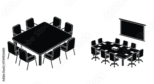Overhead view of two conference rooms with tables and chairs