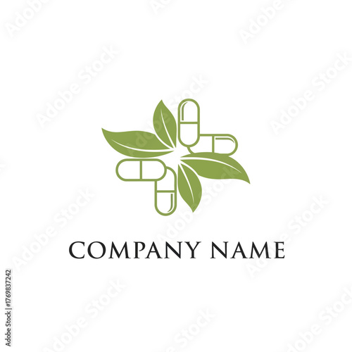 Herbal Medicine Capsules and Green Leaves Logo Design.