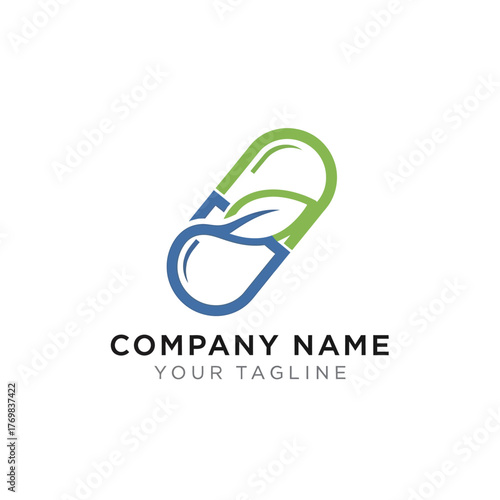 Herbal Medicine Capsule Logo with Leaf Design.