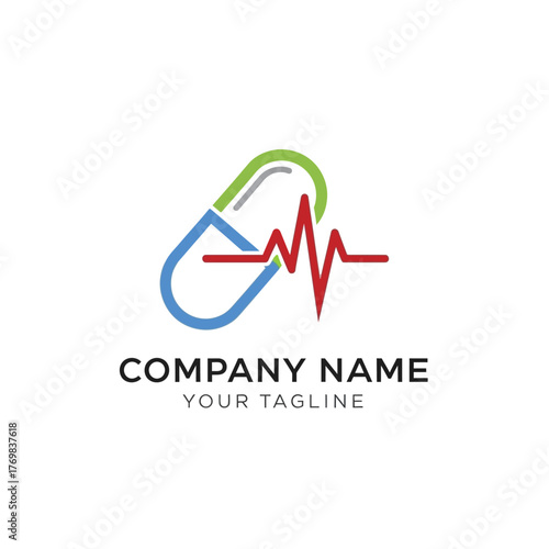 Medical capsule logo with red heartbeat line for healthcare company.