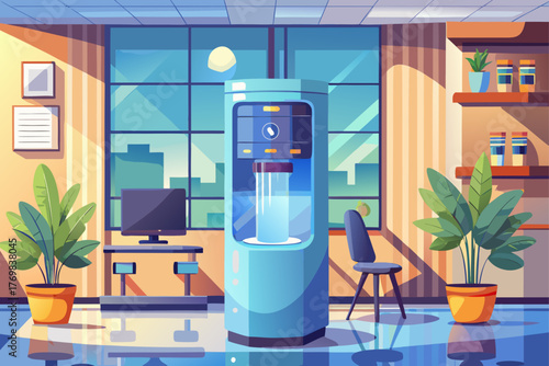 Modern water cooler with stylish design standing in bright office interior, clean drinking water dispenser equipment for workplace hydration, healthy lifestyle and modern appliances concept