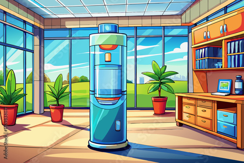 Modern water cooler with stylish design standing in bright office interior, clean drinking water dispenser equipment for workplace hydration, healthy lifestyle and modern appliances concept