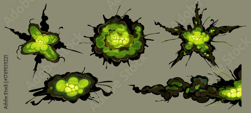 Weapon visual effects, airbursts in the shape of stars, spirals, and crosses. The aftermath of an artillery shell, rocket, or bomb explosion. WFX, 2d, comic book, vector cartoon illustration.