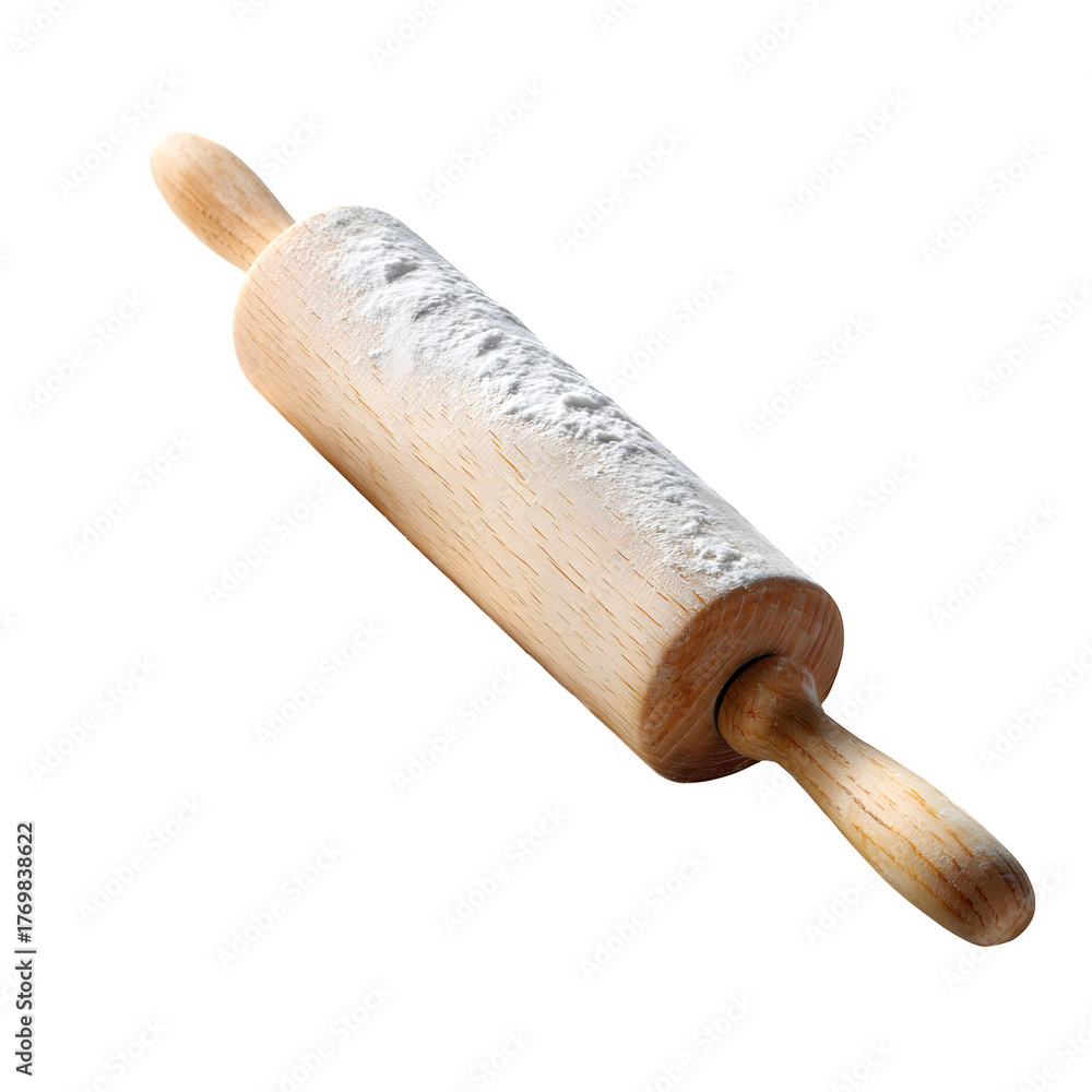 Fototapeta premium Wooden rolling pin with silver foil texture, baking dough roller isolated on white, kitchen utensil PNG cutout