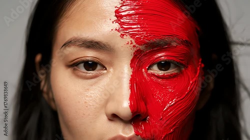 Woman with red paint on face artistic portrait