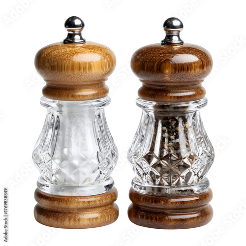 Vintage wooden salt and pepper grinders, crystal glass spice mills with metal knob, isolated PNG for menu and packaging