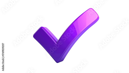 A glossy, purple check mark with gradient shading, set against a stark black background
