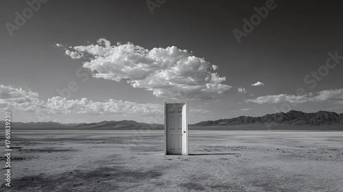 Open door standing in a vast, empty desert valley under a cloudy sky represents new beginnings, choice, and a pathway to a different future or challenging journey ahead
