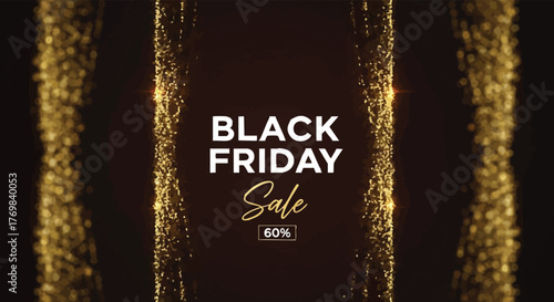 Black friday sale banner with golden glitter on a dark background, design