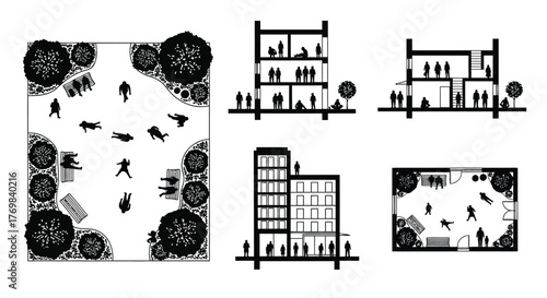 Architectural floor plans and elevations depicting people in public spaces
