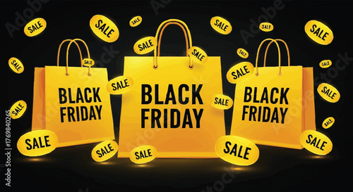 Three yellow shopping bags with black friday text and sale coins floating around
