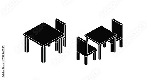 Isometric illustration of a large and small dining table with chairs