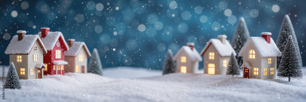 Fototapeta premium Whimsical glowing houses in gentle snowfall on snowy rooftops, festive backdrop for seasonal greetings, concept of holiday marketing and event planning.