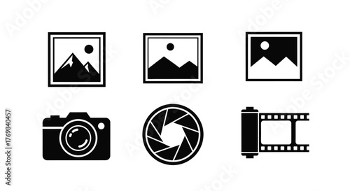 Black and white photography icons depicting cameras and scenic images