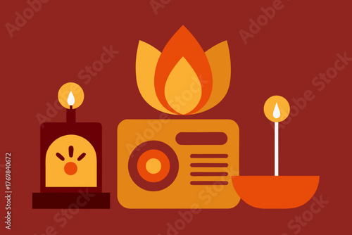 Vector illustration of a burning candle icon with light and yellow flame for Christmas or Diwali celebration design