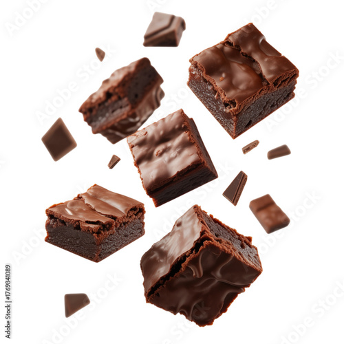 Delicious Chocolate Brownie Pieces Floating on Transparent Background, Perfect for Dessert Themed Design