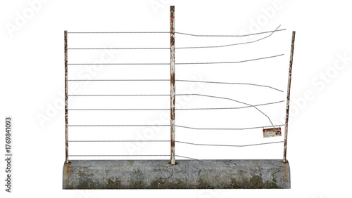 Metal fence with concrete base and barbed wire design in daylight