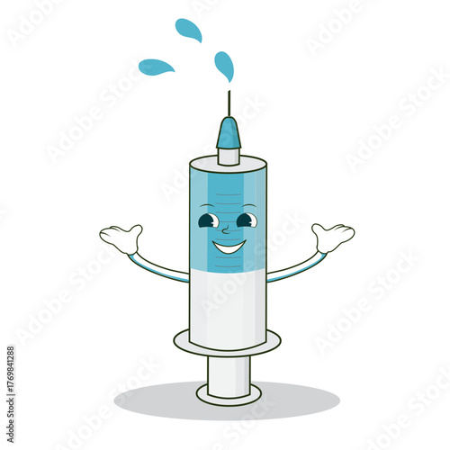 Syringe mascot, blue liquid, drops spraying from needle, injection, vaccination
