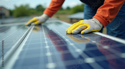 Worker in orange uniform and protective gloves installing solar panels outdoors on a sunny day. Renewable energy, clean technology, and sustainable electricity production concept