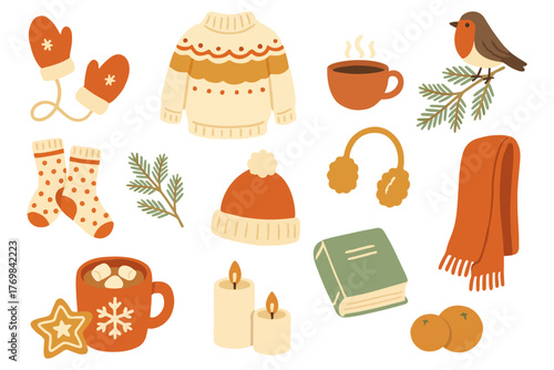 Cute winter hygge set. Cozy home elements collection with warm clothes, cocoa and holiday elements. Hand drawn flat vector illustration for stickers, cards, scrapbooking.
