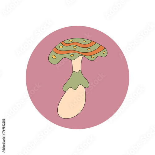 Groovy retro mushroom in a colorful circle, cartoon shroom design as sticker patch with y2k style. Psychedelic aesthetic for package lid or creative product accent.