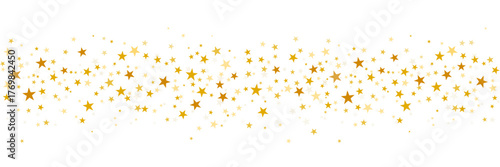 Gold stars vector background, sparkling Christmas confetti border, falling sparkles isolated on white. Shining flying stars glitter backdrop,