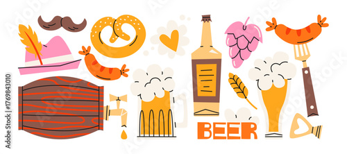 Oktoberfest beer festival stickers in retro cartoon. .Beer mug, pretzel, sausage, barrel, bottle, hops. German celebration collection with festive food, drinks and cultural elements for holiday

