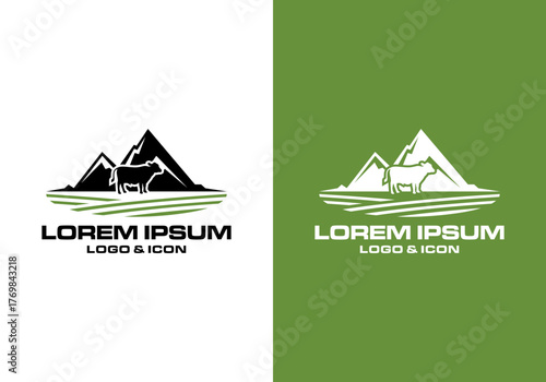 simple farm logo icon with image of cow in vast field under mountain