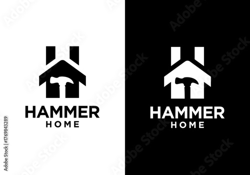 house icon logo design vector initial H with hammer