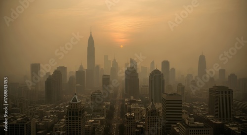 Urban air pollution with thick smog covering skyscrapers, environmental issue concept