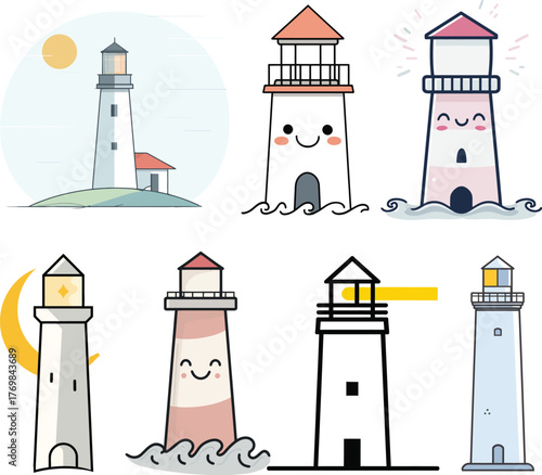Cute lighthouse clipart collection with smiling faces and ocean waves