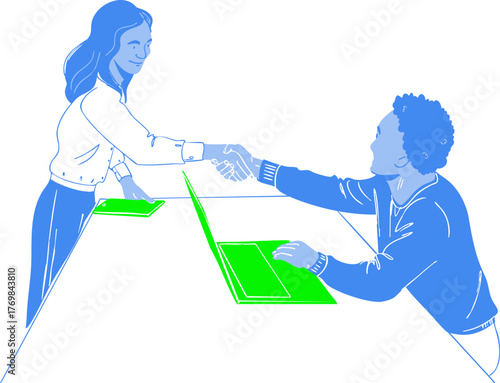 Two people are shaking hands after collaborating on a project. Vector illustration.