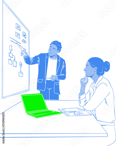 One person is presenting the project to another person. Vector illustration. 