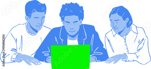 Three colleagues are working on a project. Vector illustration. 