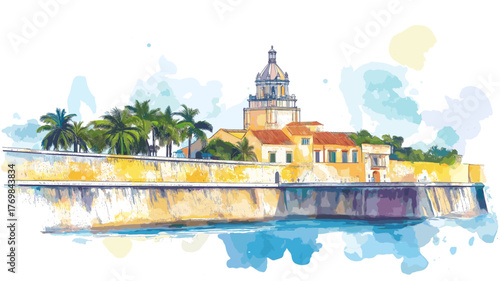 Castillo San Felipe de Barajas. Castillo San Felipe de Barajas hand drawn watercolor illustration