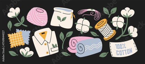  Cotton fabric elements in retro cartoon. Textile icons: flower, thread, shirt, rolls. Natural material concept, handmade crafts, illustration in funky, doodle style, trendy sticker set