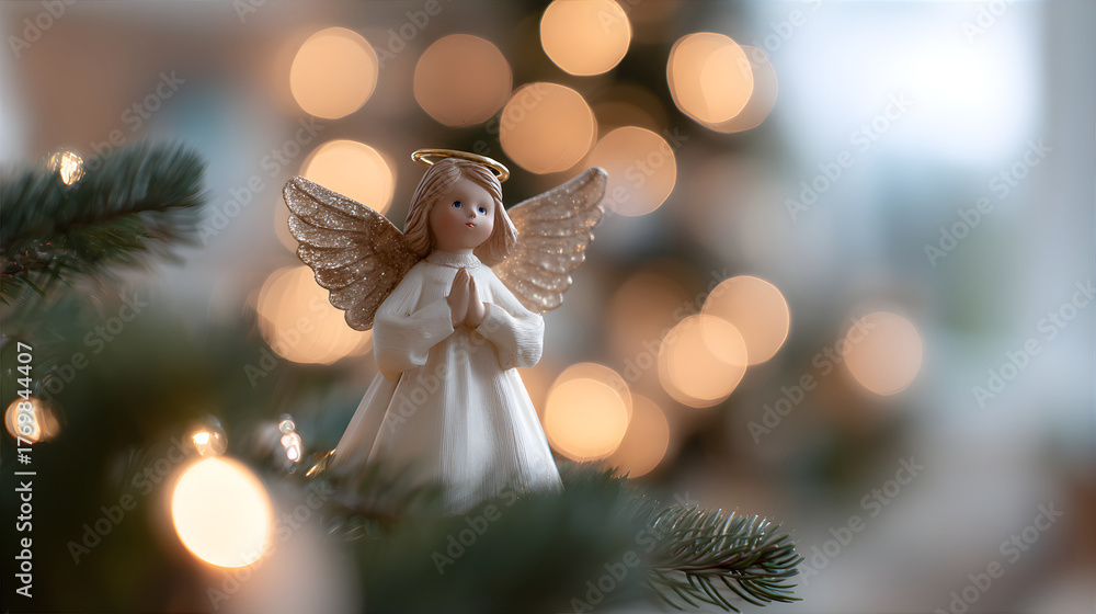 Obraz premium White angel figurine with glittering wings and halo on Christmas tree with blurred lights. Holiday decoration for spiritual Christmas celebration.