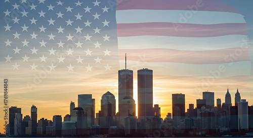 City Skyline with American Flag Overlay at Sunset in New York