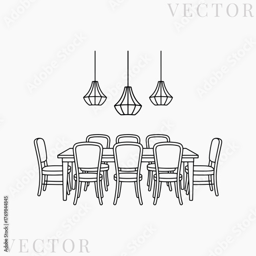 Black and white dining room line art with table chairs and pendant lights