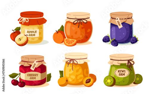 Assorted fruit jam jars collection. Vector illustration