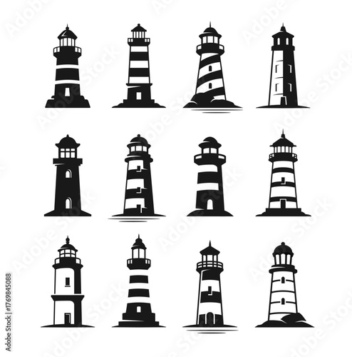 Set of black lighthouse silhouettes. Vector illustration