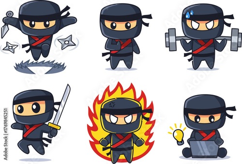 Collection of ninja characters in various poses with weapons and elements of fire and light