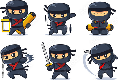 Cute cartoon ninja characters in various action poses showcasing agility and stealth