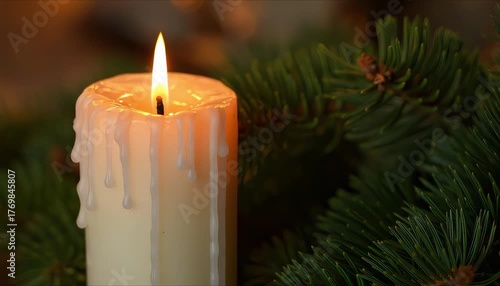 This cozy video features a glowing candle surrounded by evergreen branches. The flickering flame creates a warm and inviting atmosphere, perfect for a relaxing evening. Soft light dances on the wax as
