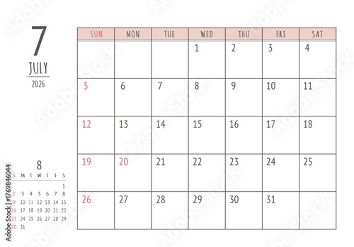 2026年 7月 シンプル書き込みカレンダー