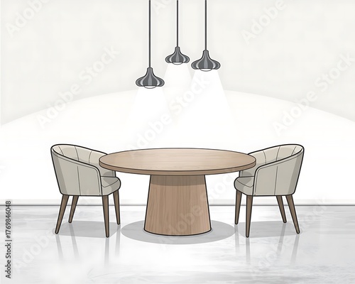 Dining room line art with table chairs and hanging pendant lights illustration