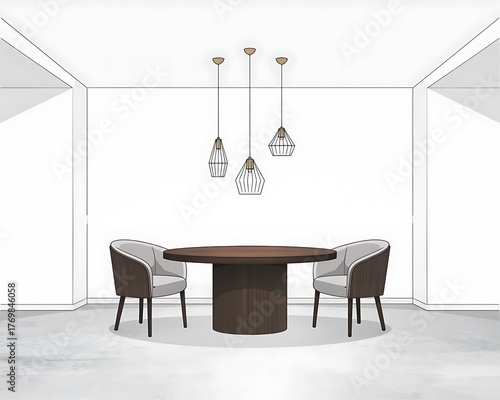 Dining room line art with table chairs and hanging pendant lights illustration