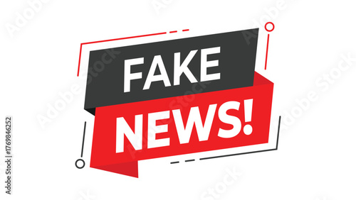 Fake news banner, red and black modern geometric speech bubble design, misinformation awareness concept, social media message label, isolated vector illustration on white background