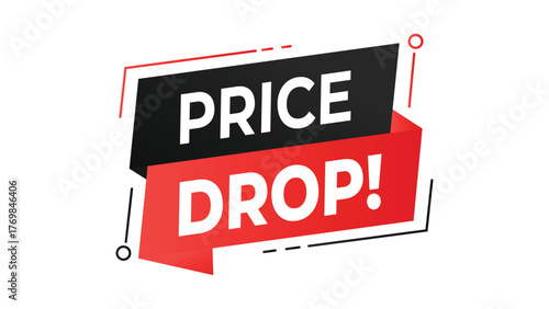Price drop banner, red and black geometric speech bubble design, sale discount announcement label, marketing and business promotion concept, isolated modern vector illustration