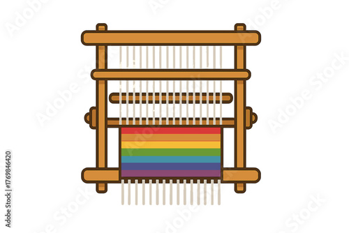 Weaver loom with rainbow fabric in simple graphic style loom with woven fabric